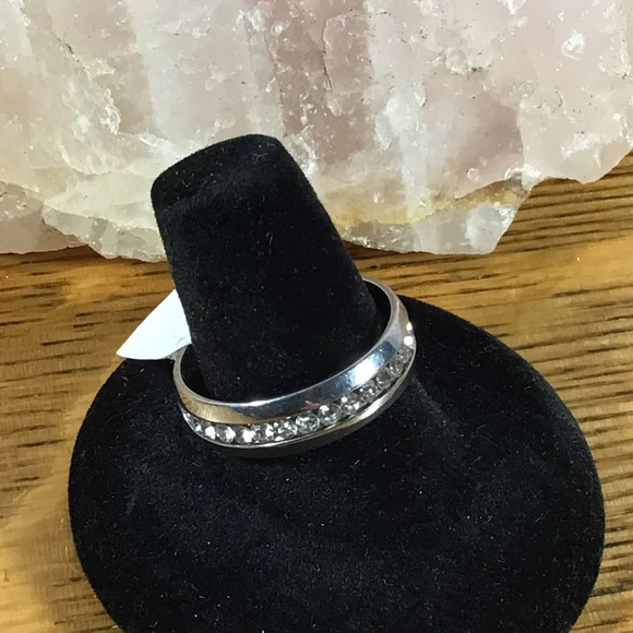 Silver Stainless Steel Cubic Zirconia Band Ring - Picture 2 of 4